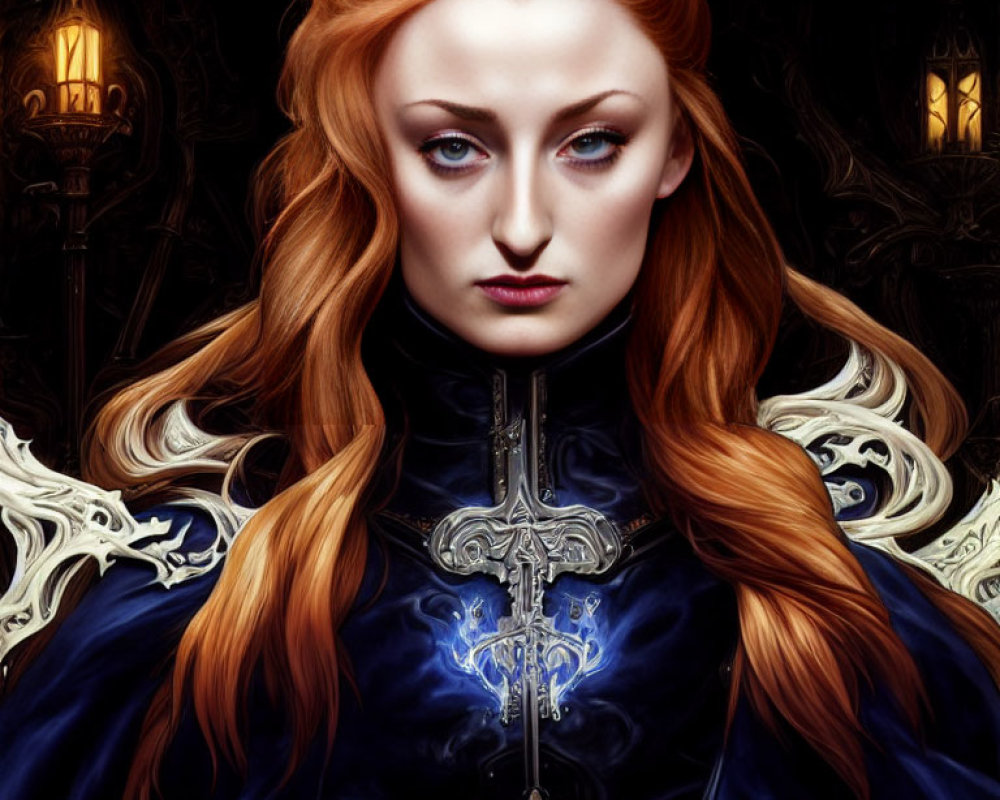 Digital artwork featuring woman with red hair and blue eyes in ornate robe against gothic backdrop