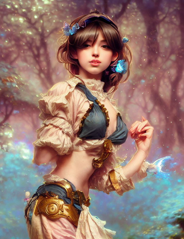 Fantasy woman in blue corset with gold accents and floral backdrop