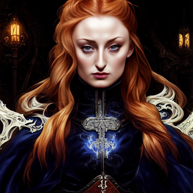 Digital artwork featuring woman with red hair and blue eyes in ornate robe against gothic backdrop