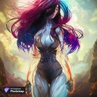 Fantasy illustration of girl with purple hair in sunset-lit backdrop.
