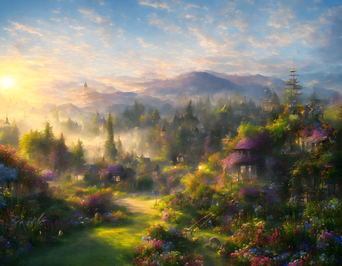 Vibrant fantasy landscape with lush village, misty mountains, and warm sunrise