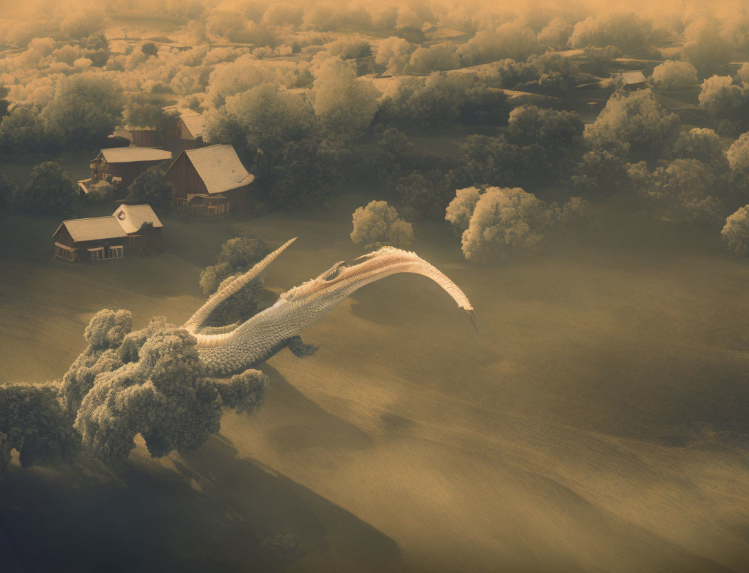 Giant crocodile flying over rural landscape in surreal image