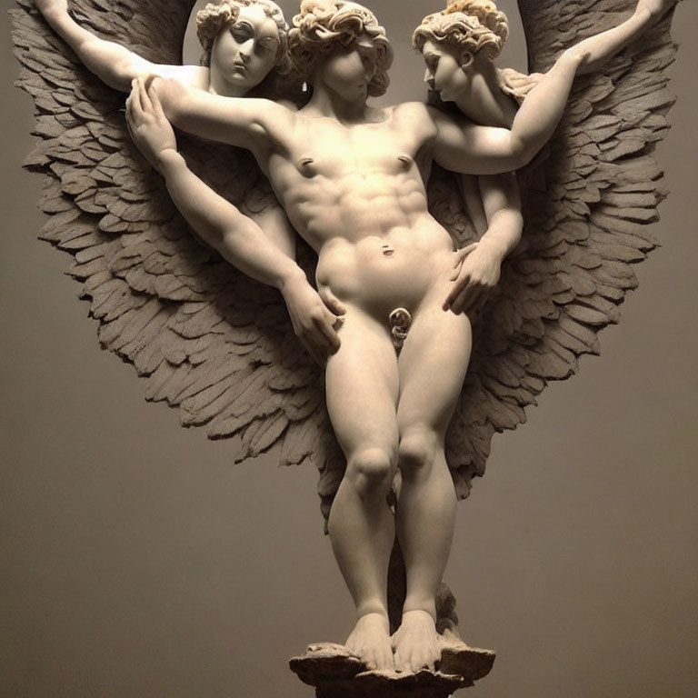 White Marble Sculpture of Angelic Figure Embraced by Two Figures
