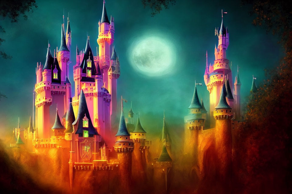 Majestic castle with spires in moonlit sky and mystical forest
