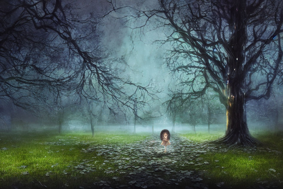 Solitary girl under large tree in mystical forest with glowing light