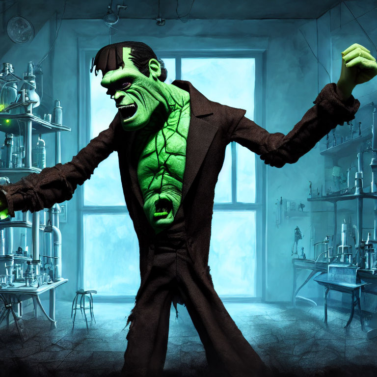 Green-skinned Frankenstein's monster in dimly lit laboratory