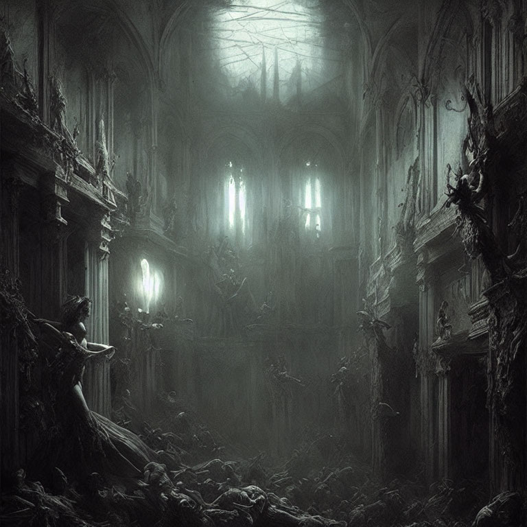 Gothic cathedral interior with eerie lighting, central figure, fog, and bones