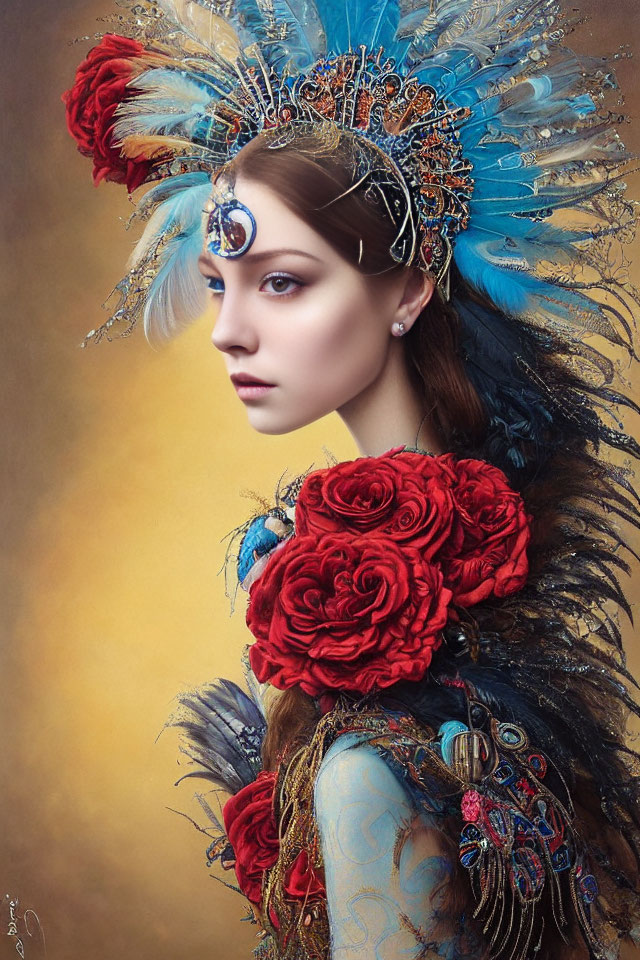 Elaborate headdress with blue feathers and red rose dress