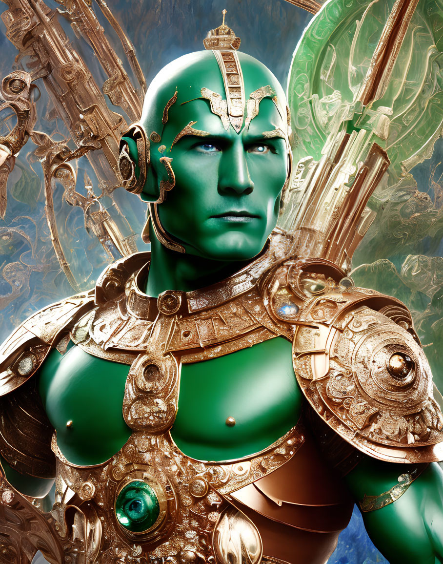 Detailed Illustration of Green-Skinned Armor-Clad Being with Celestial Patterns