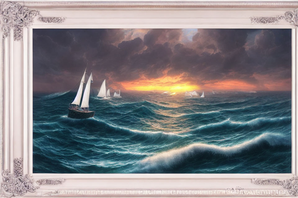 Framed painting of sailboats on tumultuous ocean waves at sunset