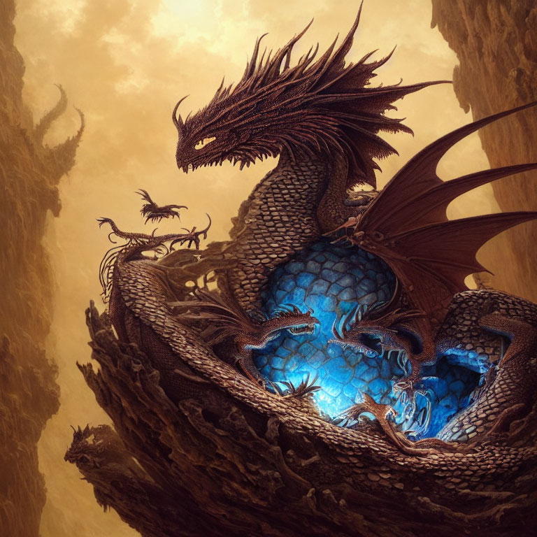 Majestic dragon on nest with hatchlings in golden mist.