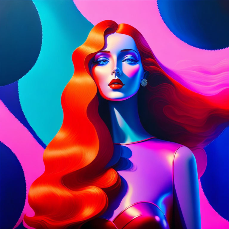 Colorful surreal illustration: Woman with flowing red hair in blue and purple backdrop