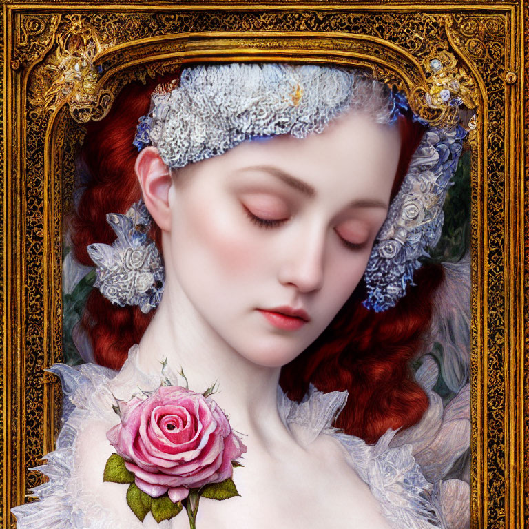 Red-haired woman with lace headband holding pink rose in ornate golden frame