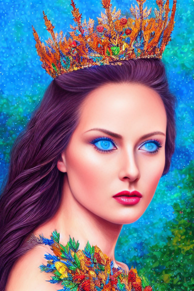 Vibrant blue-eyed woman with floral crown and plant-like details on shoulders.