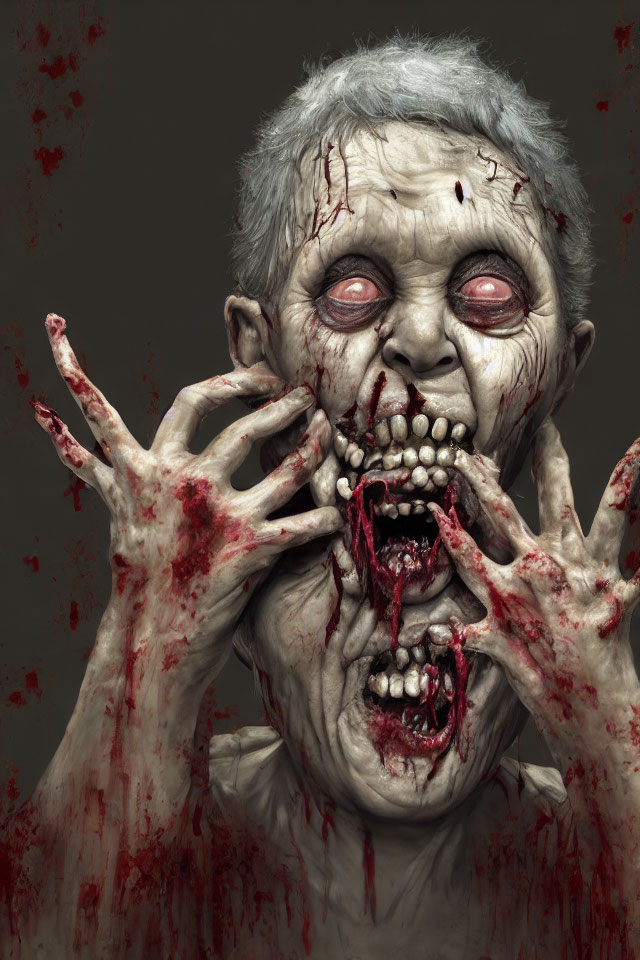 Zombie with bloodstained hands and torn face, white eyes.