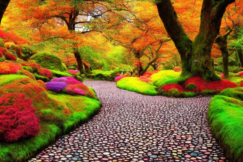 Colorful autumn garden with pebble pathway & moss-covered rocks