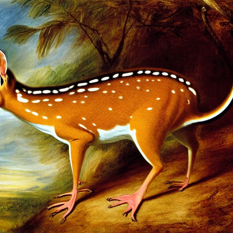 Imaginary creature with deer body and bird-like feet in forest setting
