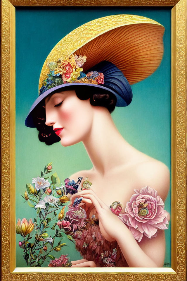 Woman with stylish hat and floral adornments in golden frame