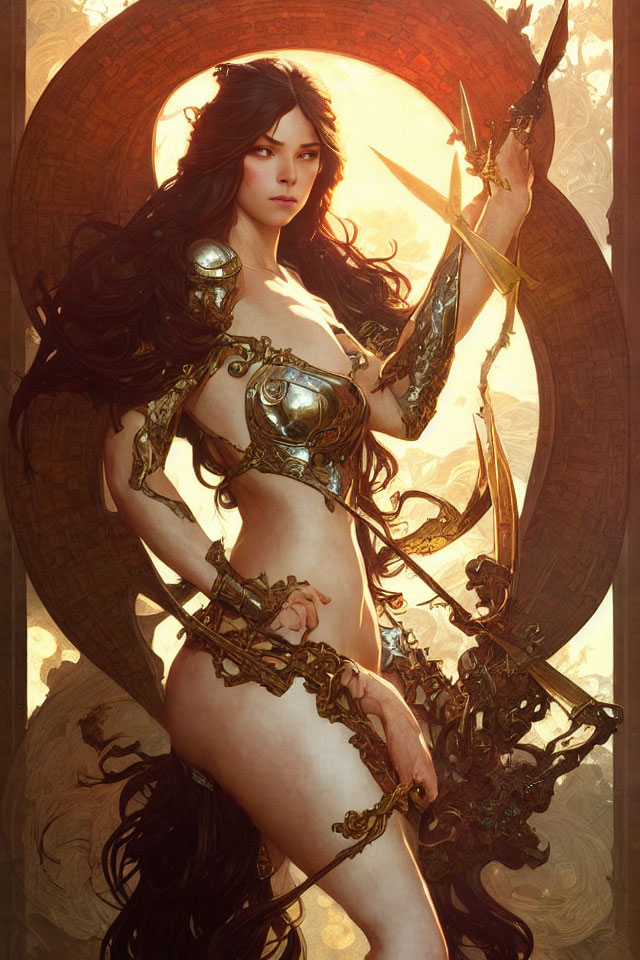 Fantasy artwork of warrior woman in golden armor with bow and arrow