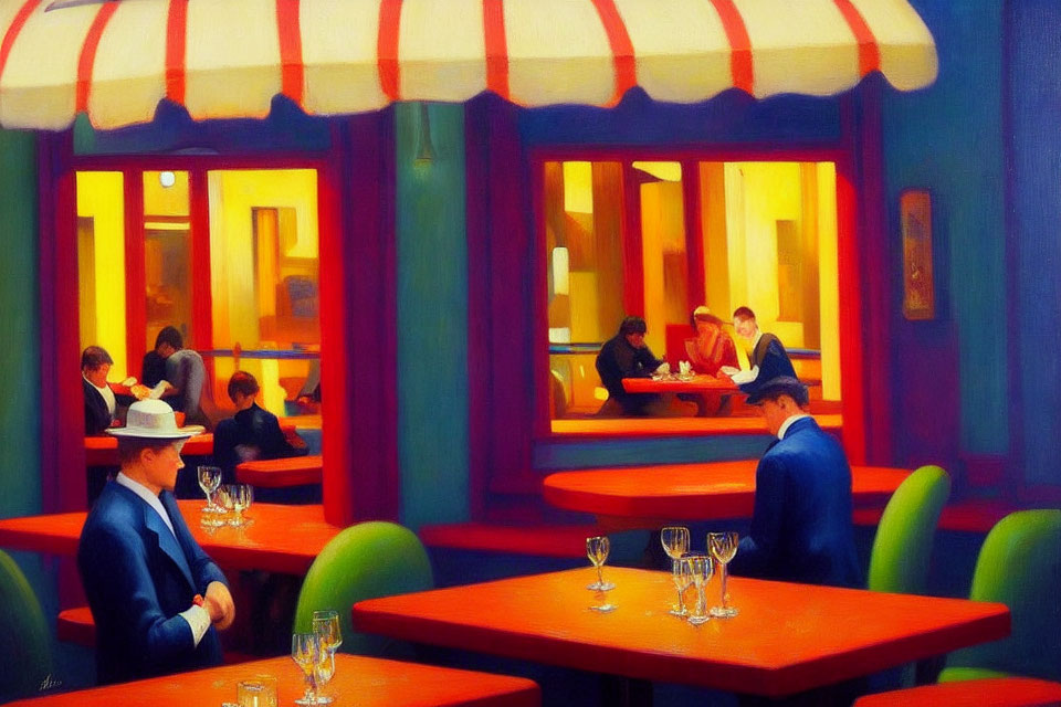 Colorful painting of a restaurant interior and outdoor seating contrast.