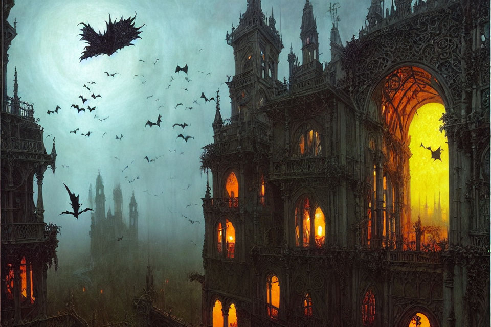 Gothic-style Architecture with Illuminated Windows and Silhouetted Bats