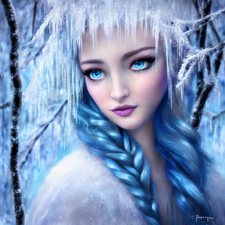 Blue-haired woman in digital portrait amidst icy branches and icicles