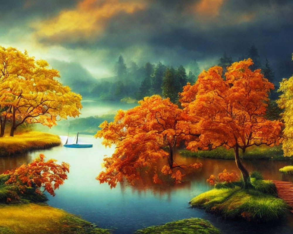 Tranquil autumn landscape with orange trees, lake, boat, jetty & cloudy sky