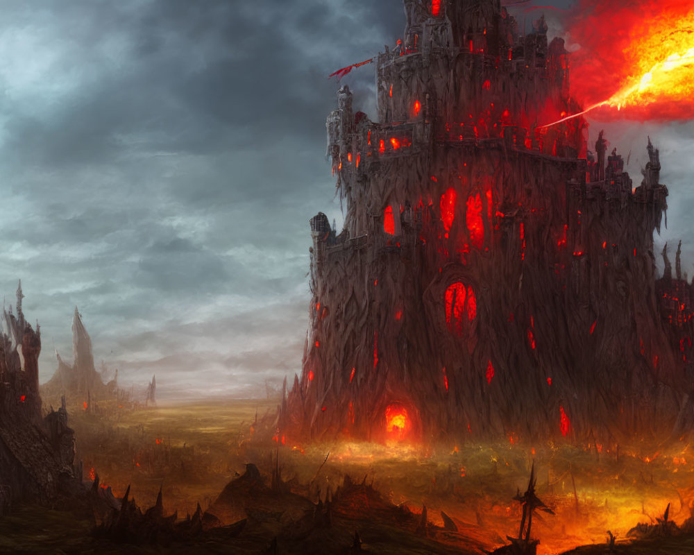 Gothic castle in fiery landscape under menacing comet