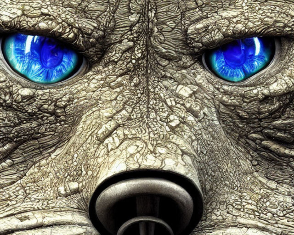 Detailed digitally illustrated lion with textured fur and blue eyes
