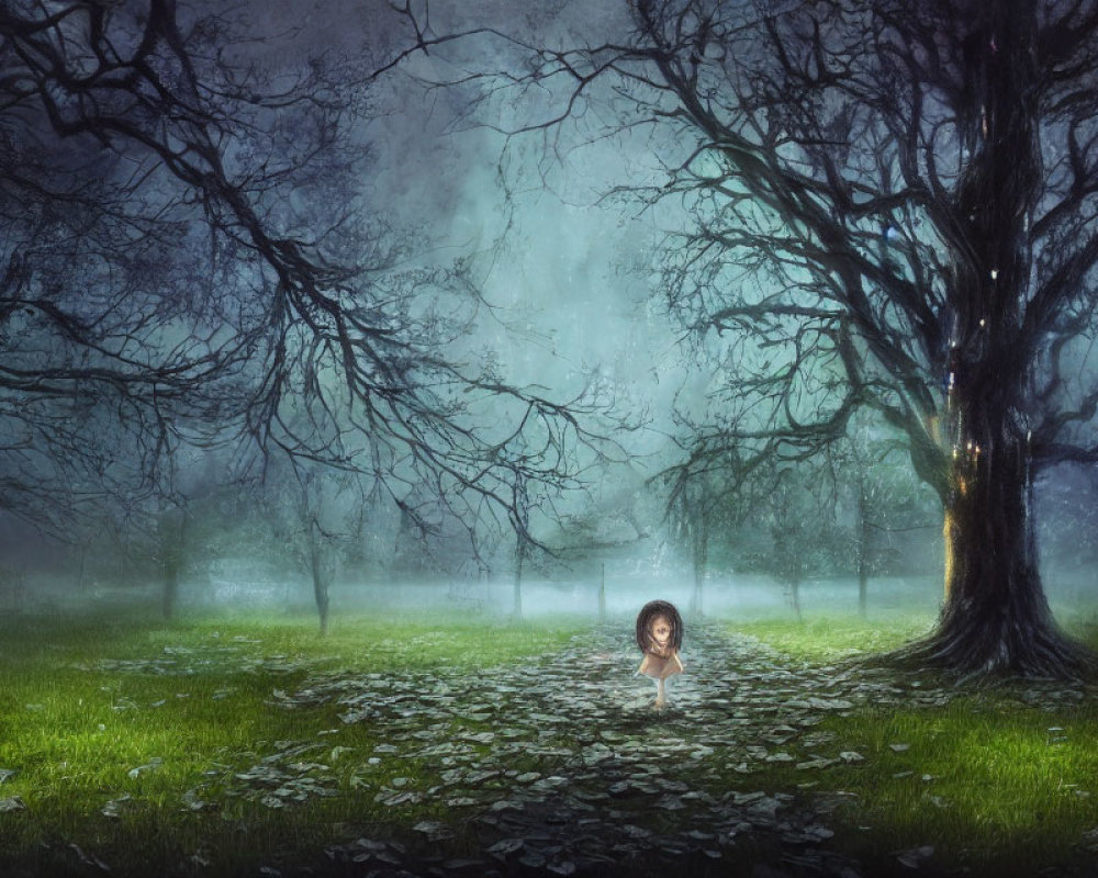 Solitary girl under large tree in mystical forest with glowing light