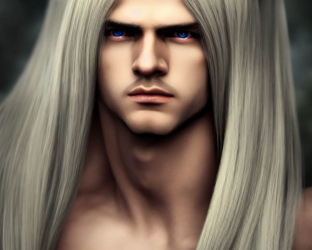 Male character with long white hair and intense blue eyes portrait
