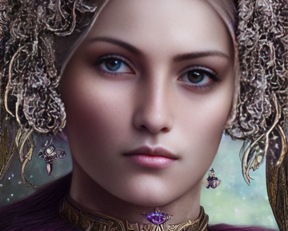 Violet-haired woman with golden headpiece and collar exudes regal aura