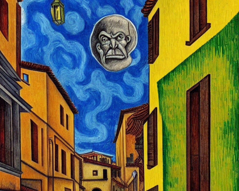 Vibrant alley scene with surreal moon face illustration