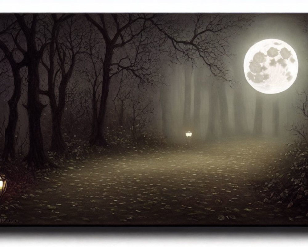 Misty forest path at night with bare trees and lanterns.