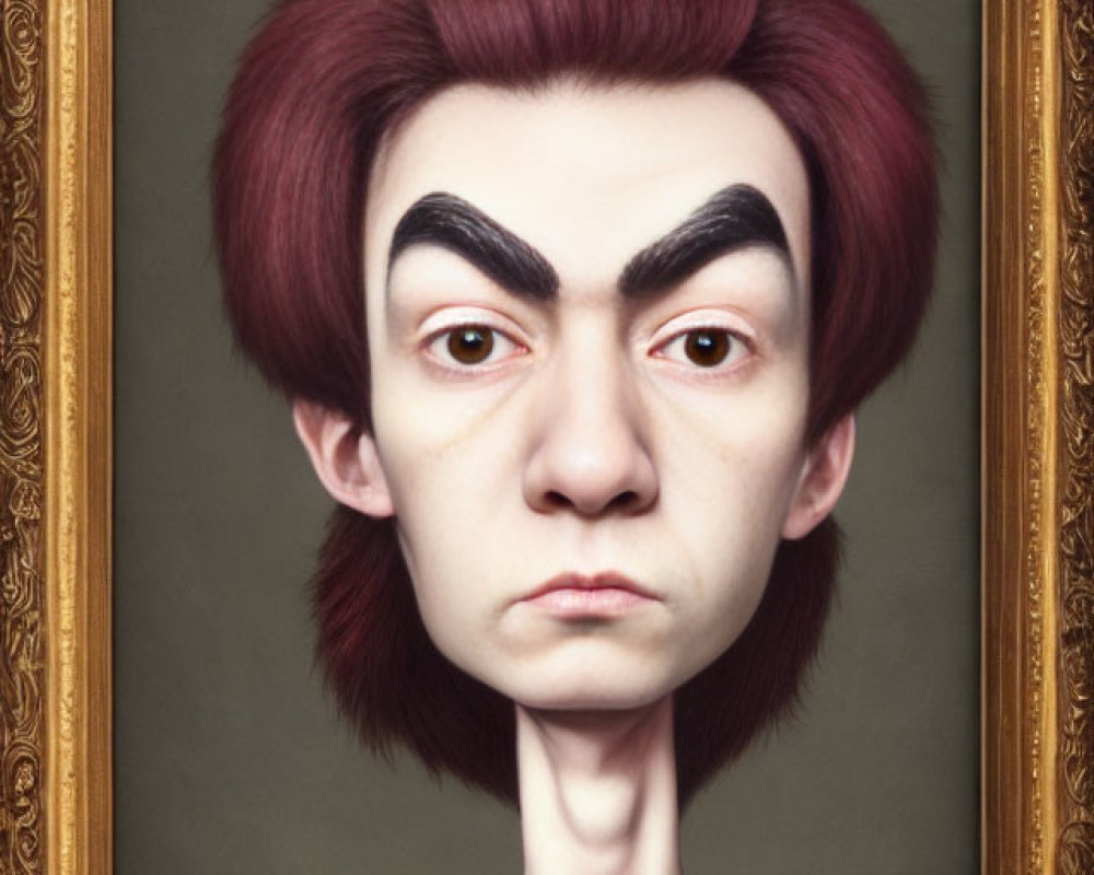 Exaggerated caricature portrait with long neck and red hair