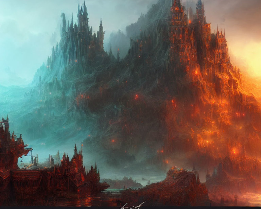 Dark Fantasy Landscape with Fiery Castle on Mountain