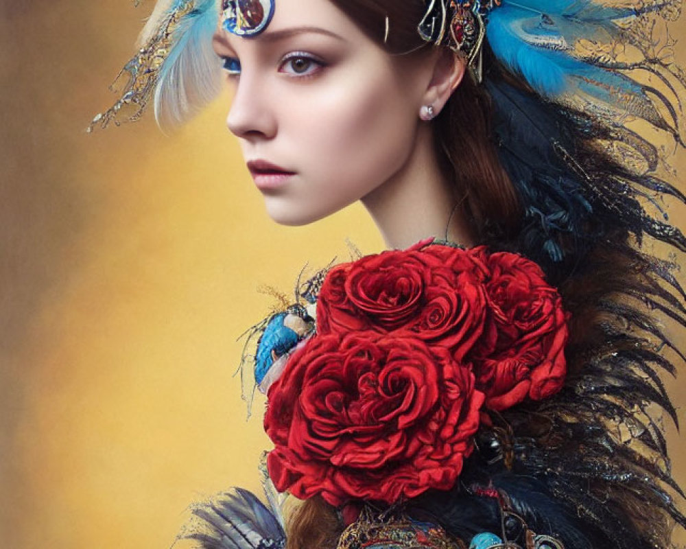 Elaborate headdress with blue feathers and red rose dress