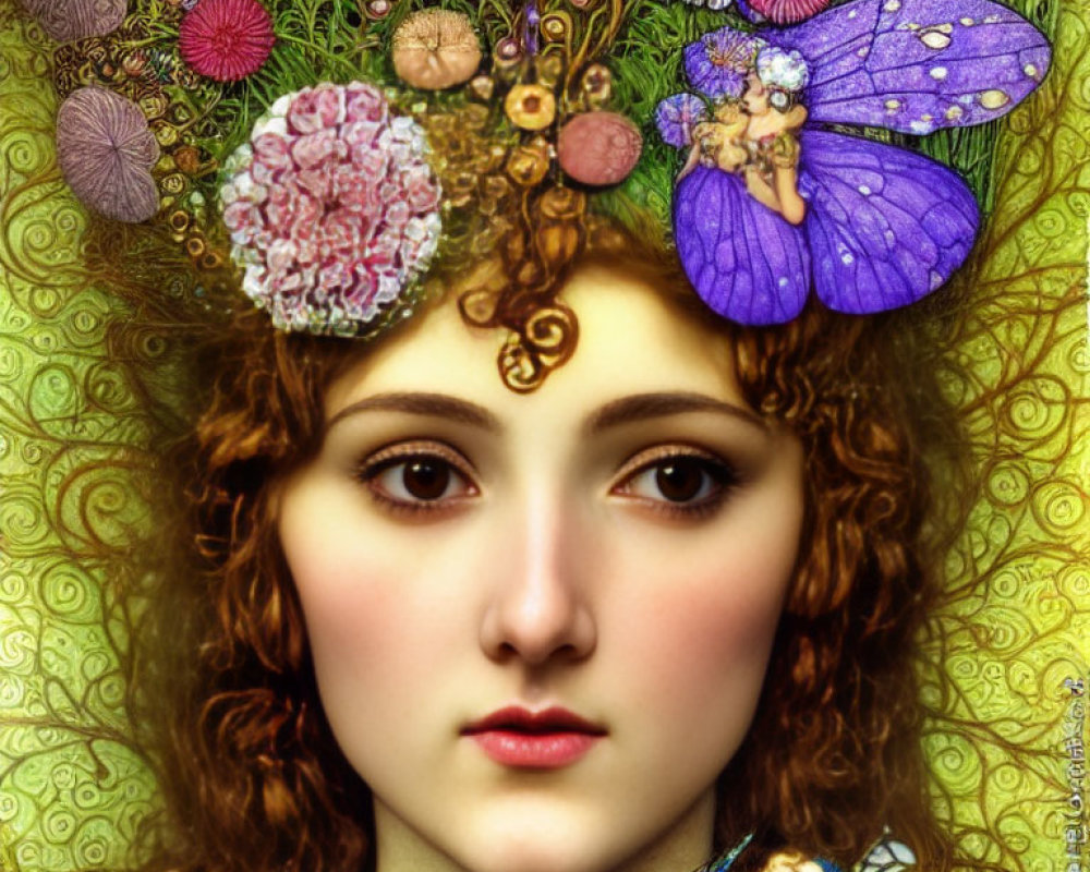 Detailed Artwork: Woman with Floral Crown and Fairies, Vibrant Colors