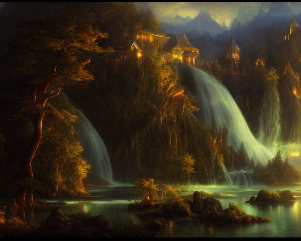 Mystical dusk landscape with waterfalls, treehouses, rivers, and mountains