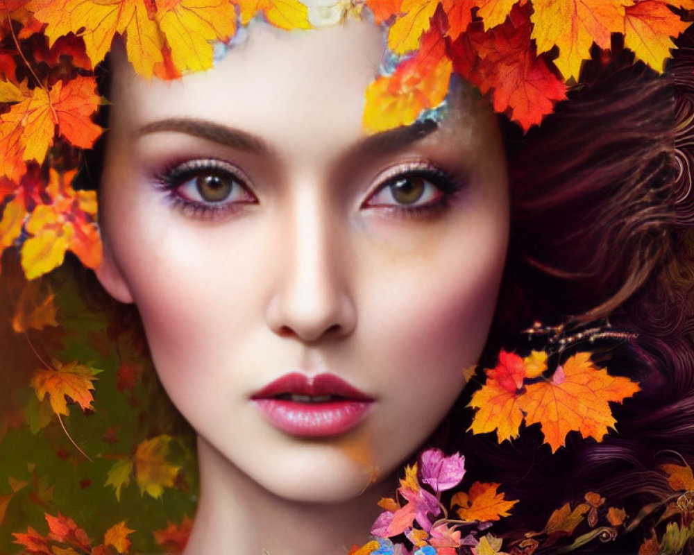 Portrait of a woman with autumn leaves, striking eyes, rosy cheeks, and fall-inspired aesthetic