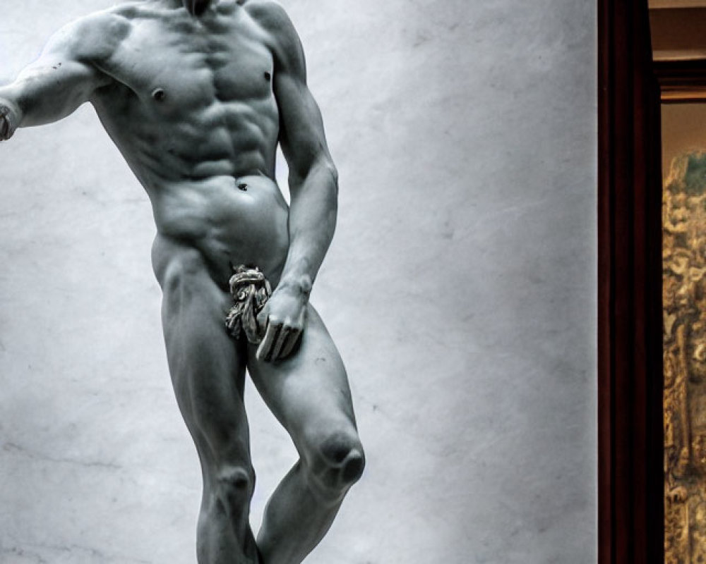 Detailed musculature and poised expression of a David statue in soft lighting