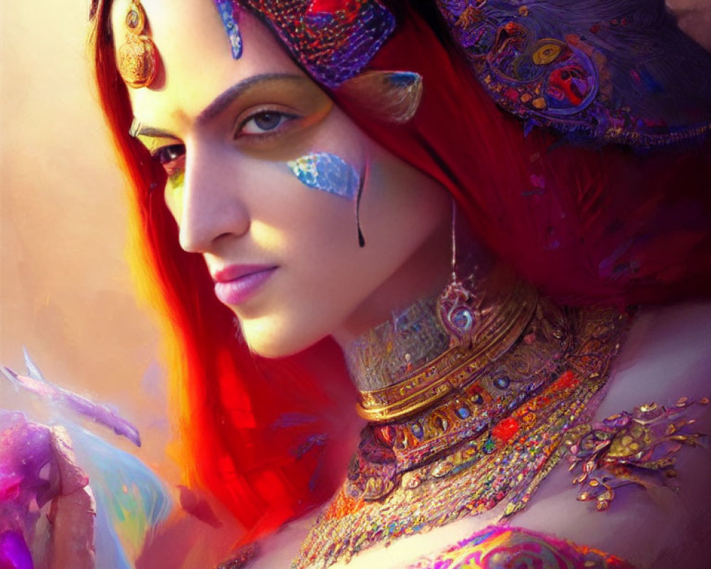 Vivid illustration of woman with red hair, ornate jewelry, and tribal face paint.