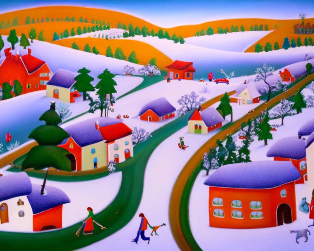 Snow-covered village painting with red-roofed houses and winter activities