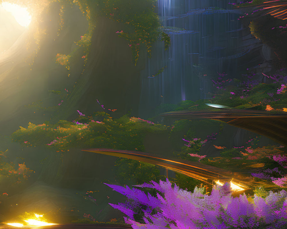 Vibrant purple flora in mystical forest with sunbeams and waterfall.