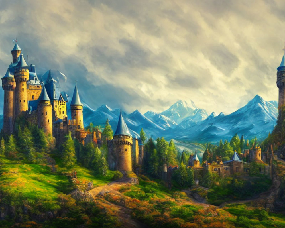 Majestic castles on lush hills with snow-capped mountains under dramatic sky
