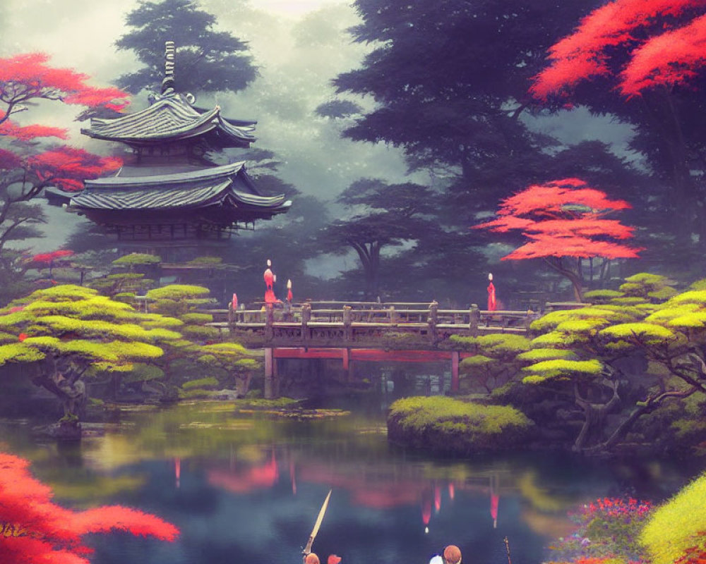 Japanese garden with pagoda, bridge, traditional attire people, red foliage, and pond.