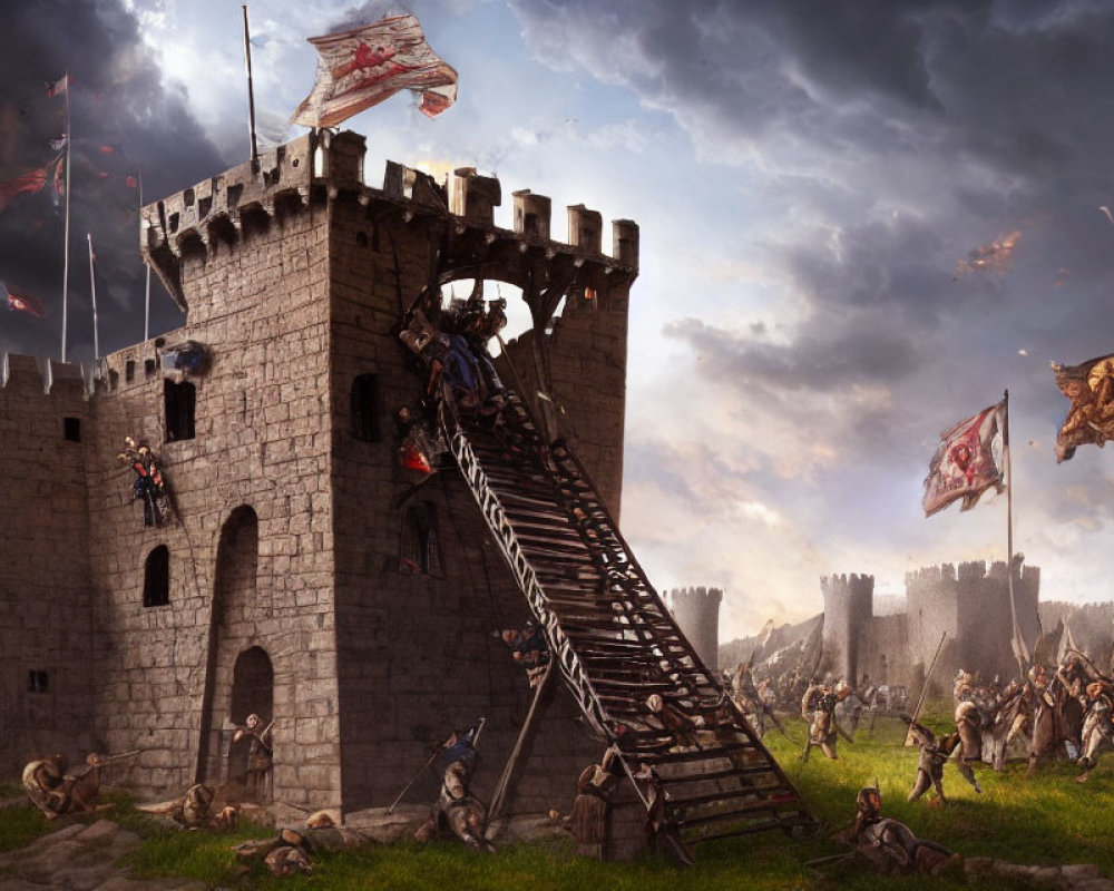 Medieval siege scene with attackers scaling ladders at stone castle walls.