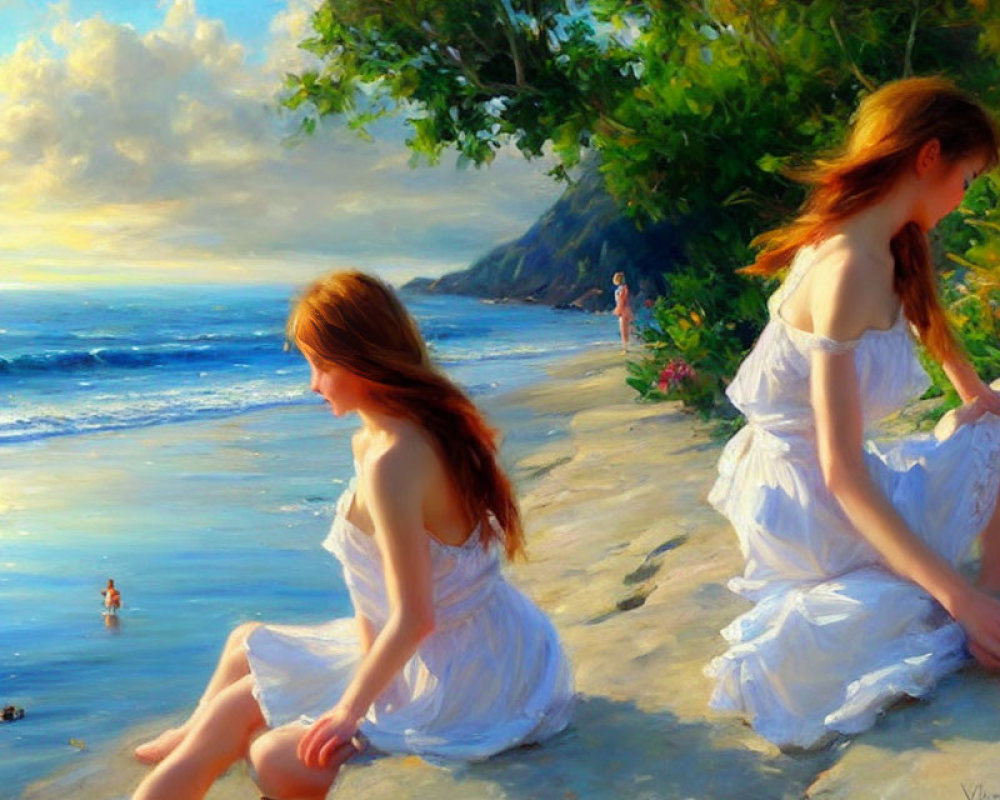 Two Women in White Dresses Relaxing by Tranquil Seaside Beach