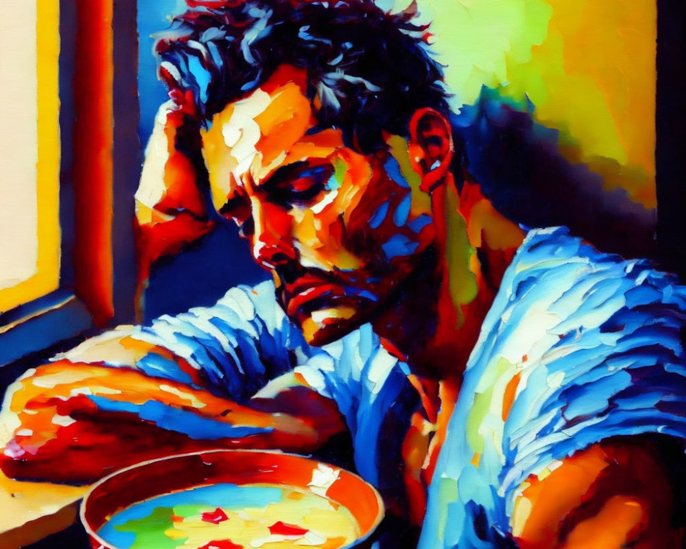 Vibrant painting of man with stubble gazing at bowl
