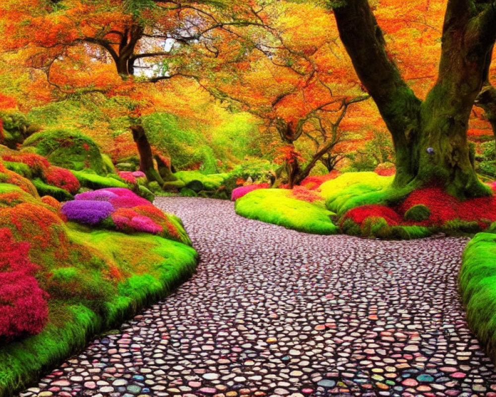 Colorful autumn garden with pebble pathway & moss-covered rocks
